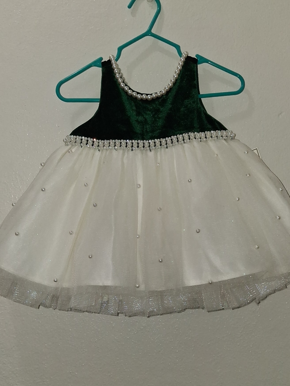 Couture Princess Baby Pearl-Trim Green Velvet and Creme Tulle Dress